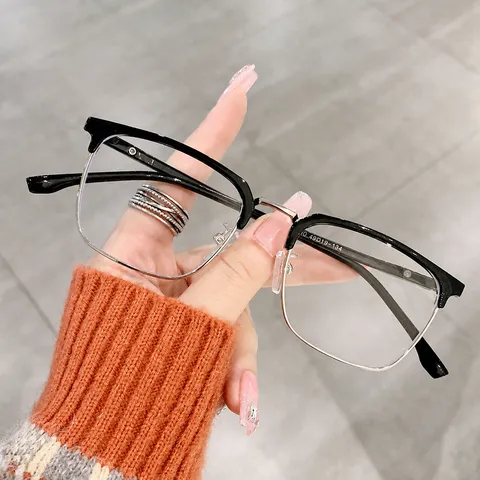 Men Business Anti Blue Light Half Metal Square Optical Glasses Frame Trendy Decorative Spectacles Plastic Metal AC Lens