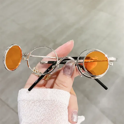 Retro Punk Metal Full Frame Round Sunglasses Foldable Double Layer Flip Up Small Frame Sunglasses For Unisex Creative Cosplay Eyewear