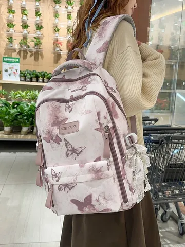 Cartoon Schmetterling Druck Rucksack Und Umhängetasche Und Federmäppchen Große Kapazität Nylon Atmungsaktiv Leichte Schulranzen Für Mädchen