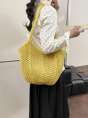 Damen Casual Baumwolle Gehäkelt Gestrickt Tragetasche Ausschnitt Gewebt Schultertasche Boho Urlaub Strand Handtasche Täglich Großes Fassungsvermögen