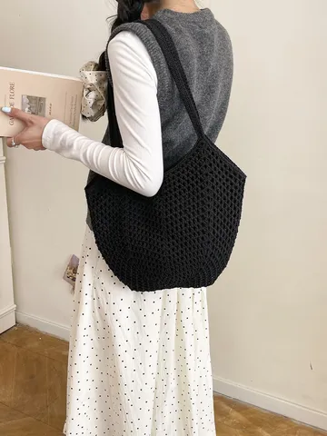 Damen Casual Baumwolle Gehäkelt Gestrickt Tragetasche Ausschnitt Gewebt Schultertasche Boho Urlaub Strand Handtasche Täglich Großes Fassungsvermögen