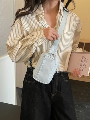 Women's Harajuku Style Checkered Chest Bag Nylon Travel Sports Crossbody Waist Bag Small Mobile Phone Shoulder Pouch Bag
