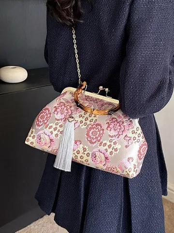 Chinese Vintage Art Style Embroidered Floral Tassel Evening Bag Women Shoulder Crossbody Chain Bag Elegant Banquet Handbag