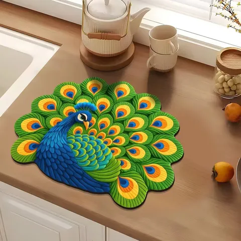 Absorbent Diatom Mud Kitchen Drain Mat Lotus Peacock Floral Table Placemat Heat Resistant Tableware Protector Pad