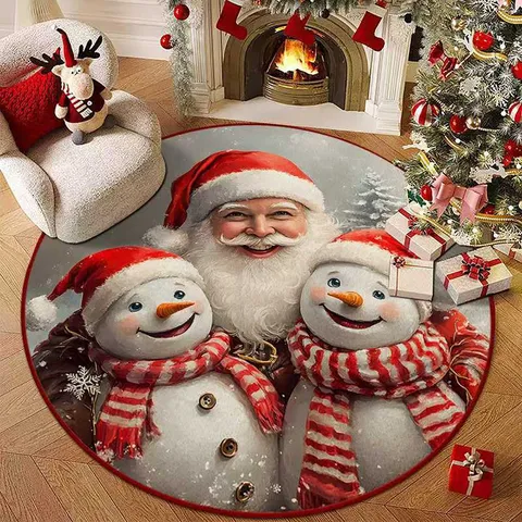 Christmas Tree Mat Round Floor Mat Crystal Velvet Rug Festive Santa Claus Snowman Pattern Anti-Slip Mat Home Decor