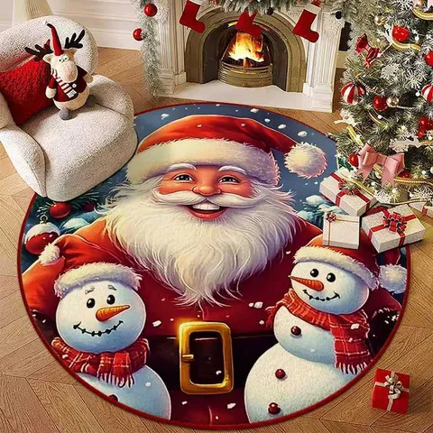 Christmas Tree Mat Round Floor Mat Crystal Velvet Rug Festive Santa Claus Snowman Pattern Anti-Slip Mat Home Decor