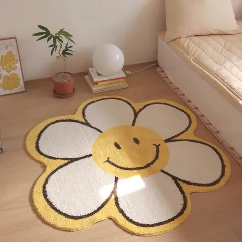 Tapis Rond Tournesol Ins Nordique Visage Souriant Mignon Tapis Moelleux Chevet Tapis De Sol Antidérapant Salon Chambre Décoration De La Maison