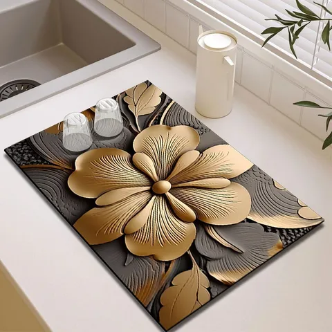 Tappetino Scolapiatti da Cucina in Terra di Diatomee Floreale di Lusso Nero e Oro Tappetino Morbido Assorbente per Asciugatura Piatti