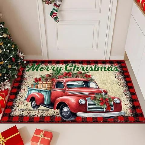 Christmas Doormat Red Buffalo Plaid Merry Christmas Vintage Truck Indoor Floor Mat Holiday Home Decor Winter Welcome Mat