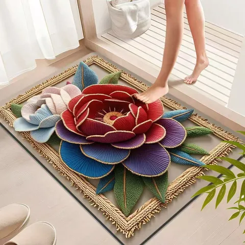 New Chinese Style Floral Printed Crystal Velvet Floor Mat Absorbent Non-Slip Bathroom Door Mat Carpet Home Decor