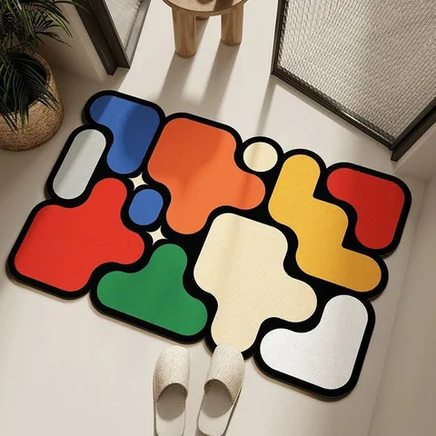 Diatomite Floor Mat Absorbent Quick Dry Anti Slip Mat Geometric Puzzle Printed Bathroom Doorway Rug Household Decor