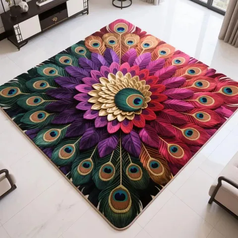 Peacock Floral Crystal Velvet Floor Mat Round Soft Carpet For Living Room Bedroom Non Slip Area Rug Home Decor