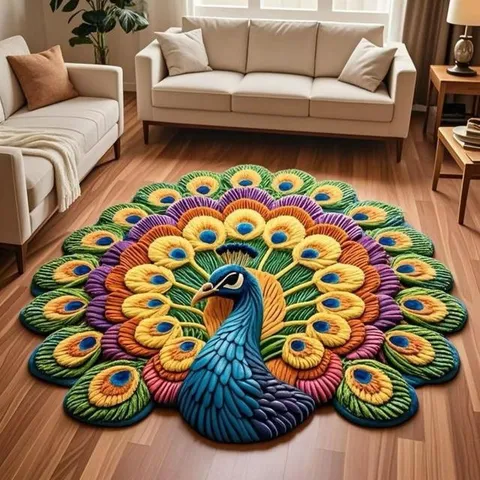 Tapis de Sol Rond en Velours Cristal Motif Paon Floral Antidérapant Salon Canapé Table Basse Tapis Style Américain