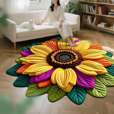 Anti Slip Crystal Velvet Round Floor Mat Floral Sunflower Area Rug For Living Room Bedroom Home Decor