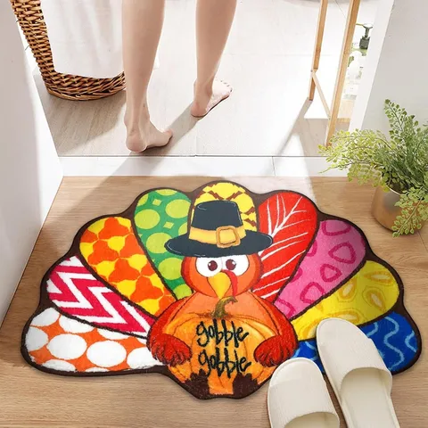 Thanksgiving Turkey Pumpkin Shaped Imitation Cashmere Door Mat Non Slip Absorbent Bathroom Floor Carpet Festive Home Decor