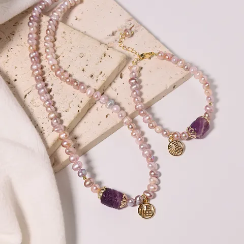 Natürliche Lila Süßwasserperle Amethyst Halskette Armband Ring Set Vergoldet Fu Anhänger PiXiu Schmuck Für Damen Geschenk