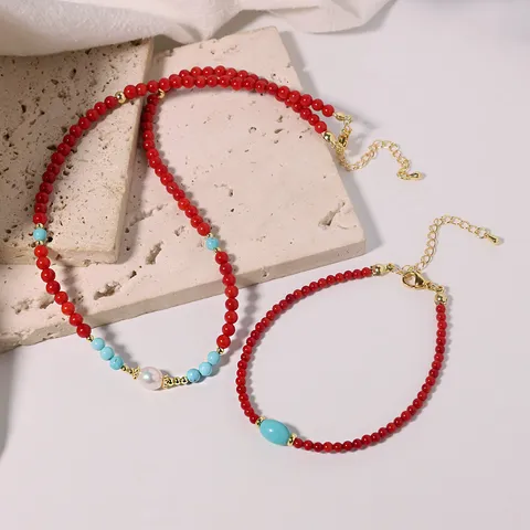 Juego de Collar y Pulsera de Perlas de Agua Dulce Turquesa y Bambú de Mar Hecho a Mano para Mujer Joyería Choker en Capas Regalo