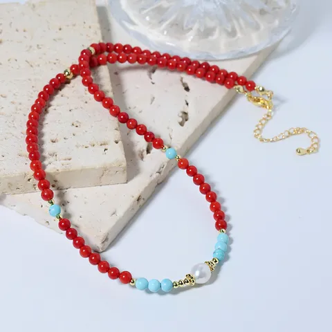 Juego de Collar y Pulsera de Perlas de Agua Dulce Turquesa y Bambú de Mar Hecho a Mano para Mujer Joyería Choker en Capas Regalo