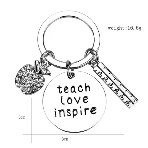 Creative Teacher Day Metal Keychain Apple Ruler Pendant Rhinestone Key Ring For Women Men School Gift