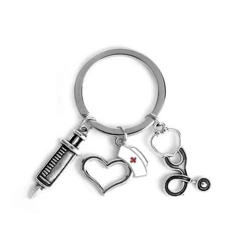Medical Theme Keychain Alloy Nurse Hat Stethoscope Syringe Key Ring Retro Silver Metal Key Chain Jewelry Gift
