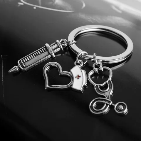 Medical Theme Keychain Alloy Nurse Hat Stethoscope Syringe Key Ring Retro Silver Metal Key Chain Jewelry Gift