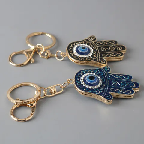Creative Halloween Hamsa Hand Alloy Keychain Evil Eye Blue Eye Rhinestone Metal Key Chain Pendant Fashion Jewelry Gift
