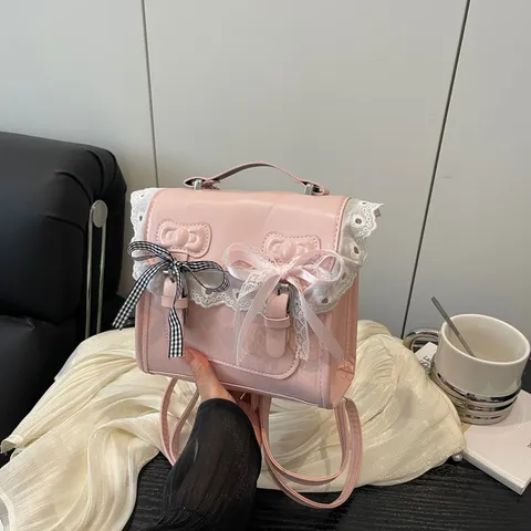 Sweet College Style PU Leather Mini Backpack Women Cute Lace Bowknot Casual Commuter Casual Daypack Fashion Handbag
