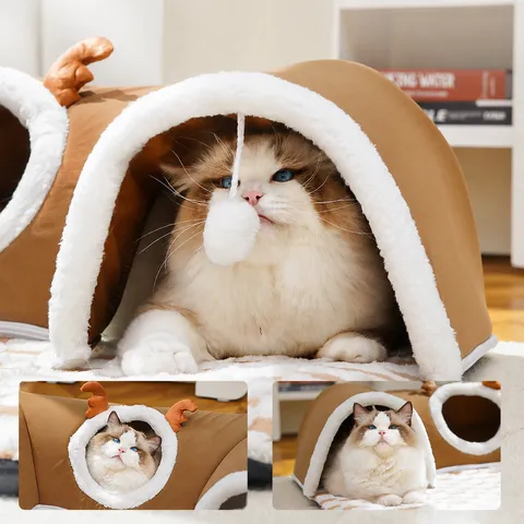 Pet Cat Tunnel Bed Multi-Functional Foldable Sleeping Mat With Reindeer Antlers Sisal Tunnel Nest For Cats Dogs For Indoor Use