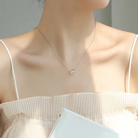 925 Sterlingsilber Aurora Quadrat Kristall Anhänger Halskette Für Frauen Luxus Mode Schlüsselbein Kette Schmuck Geschenk