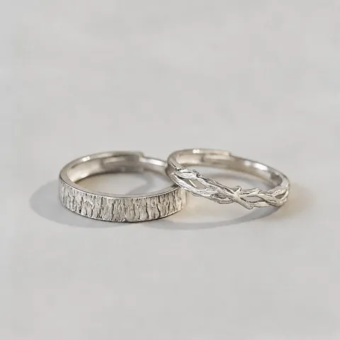 Anillos de Pareja S999 Plata Fina Corteza de Madera Rama Ajustable Estilo Bosque Anillo Abierto Joyería Para Hombres Mujeres