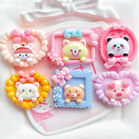 Cartoon Photo Frame Animal Resin Flatback Cabochons Cute Bear Panda Pig Rabbit Cat Fox DIY Craft Charms Jewelry Making Hair Clip Phone Case Decoration Material Base