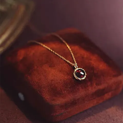 Collar de Granate de Plata de Ley 925 Vintage Francés para Mujer Colgante de Piedra Preciosa Roja Cadena de Clavícula Joyería