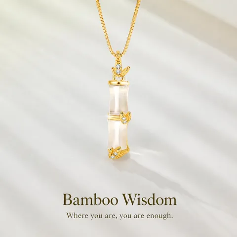 S925 Sterlingsilber Bambus Anhänger Halskette Weißer Chalzedon Strass Schlüsselbeinkette Leichter Luxus Mode Schmuck Damen