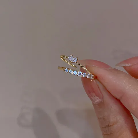 Anillo Abierto de Corazón de Aleación de Strass de Lujo Francés Anillo de Dedo Ajustable Apilable Brillante para Mujer Joyería de Moda Regalo
