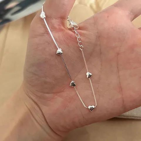 Pulsera de Corazón de Plata de Ley S925 para Mujer Minimalista Pulsera de Eslabones en Forma de Corazón Ajustable Joyería Pulida