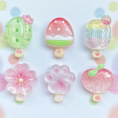 Glitter Jelly Fruit Popsicle Resin Charms Sakura Cat Claw Ice Cream Flatback Cabochons For DIY Hair Clip Keychain Crafting Accessories