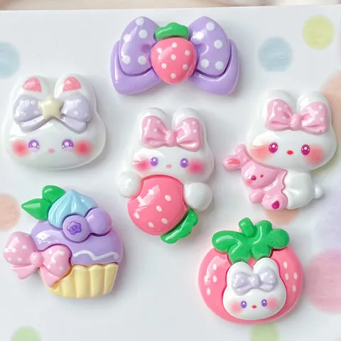 Cute Resin Cartoon Rabbit Strawberry Cake Charms Glossy Animals Crafts Flatback Scrapbooking DIY Materials Accessories For Hair Clip Phone Case Decor