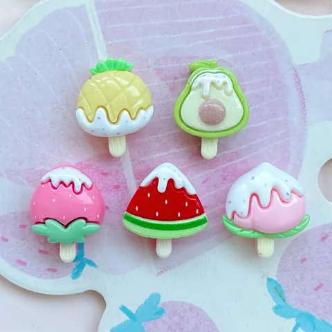 Mini Fruit Ice Cream Resin Charms Cute Strawberry Watermelon Pineapple Avocado Peach Popsicle Flatback Resin Cabochons For DIY Craft Hairpin Stationery Decoration
