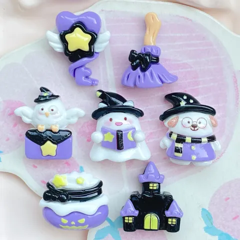 Halloween Purple Resin Charms Ghost Castle Broom Key Flatback Resin Cabochons For DIY Hair Clips Phone Case Decoration Handmade Craft Accessories