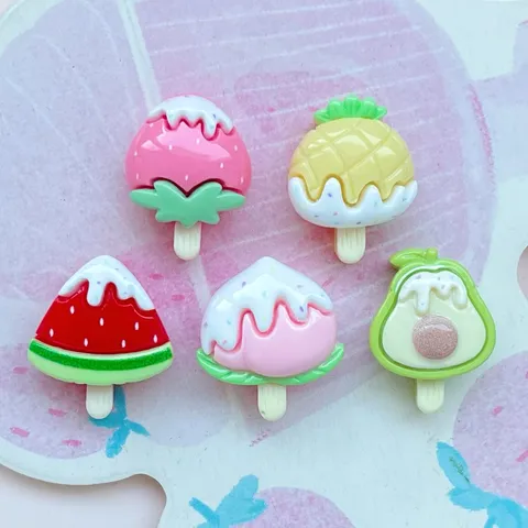 Mini Fruit Ice Cream Resin Charms Cute Strawberry Watermelon Pineapple Avocado Peach Popsicle Flatback Resin Cabochons For DIY Craft Hairpin Stationery Decoration