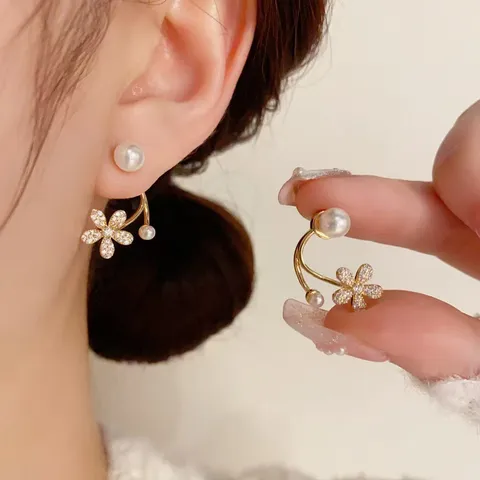 Pendientes de Botón de Plata de Ley S925 con Flores y Perlas Elegantes Pendientes de Dos Maneras con Strass Joyería Mujer