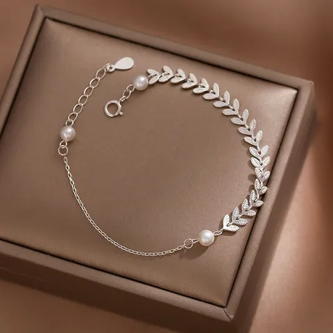Tobillera de Plata de Ley 925 con Espiga de Trigo y Perla Artificial para Mujer Diseño de Hoja Pluma Cadena de Pie Ajustable Joyería Elegante