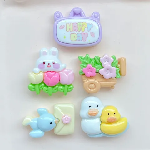 Lindos Dijes de Resina de Dorso Plano para Manualidades Estampado Conejo Pato Pájaro Maceta de Flores Adorno Decorativo DIY para Pinza de Pelo Funda de Teléfono Pendientes Materiales de Fabricación de Joyas
