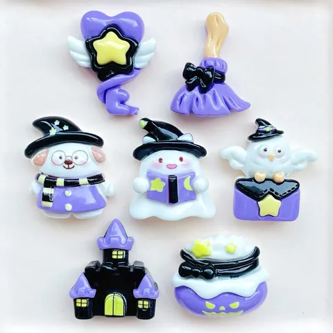 Halloween Purple Resin Charms Ghost Castle Broom Key Flatback Resin Cabochons For DIY Hair Clips Phone Case Decoration Handmade Craft Accessories