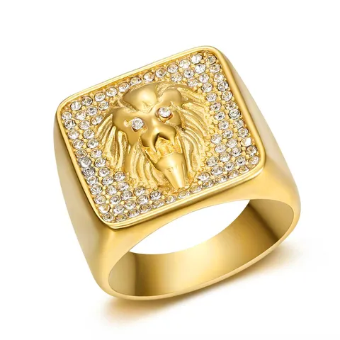 Men's Retro Lion Head Signet Ring Stainless Steel Rhinestone Animal Ring Vintage Punk Fashion Jewelry For Men