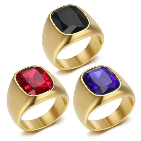 Men's Stainless Steel Business Ring With Rectangular Zircon Gemstone Vintage Ins Style Fashion Finger Jewelry Gift