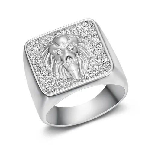 Men's Retro Lion Head Signet Ring Stainless Steel Rhinestone Animal Ring Vintage Punk Fashion Jewelry For Men