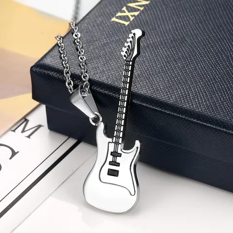Hip Hop Punk Guitar Pendant Necklace Stainless Steel Electroplated O Chain Rock Band Jewelry Gift For Men Women