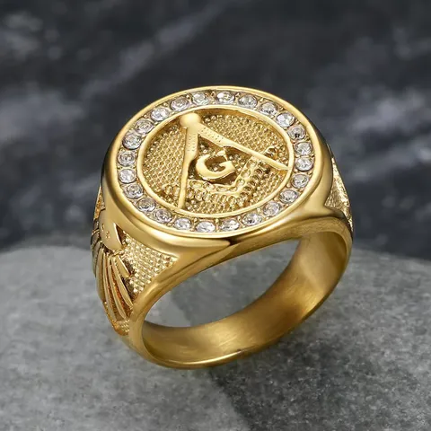 Vintage Men Stainless Steel Masonic Cross Ring Gold Steel Color Masonic Emblem Rhinestone Signet Ring Fashion Jewelry