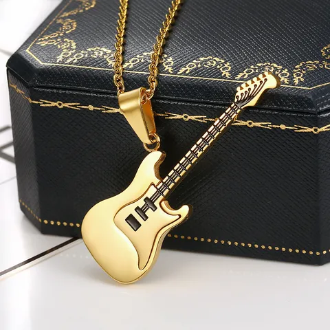 Hip Hop Punk Guitar Pendant Necklace Stainless Steel Electroplated O Chain Rock Band Jewelry Gift For Men Women